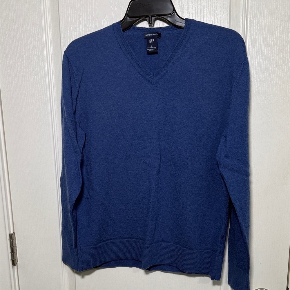 GAP 100% Merino Wool V Neck Sweater Blue Size L Classic Spring Fall